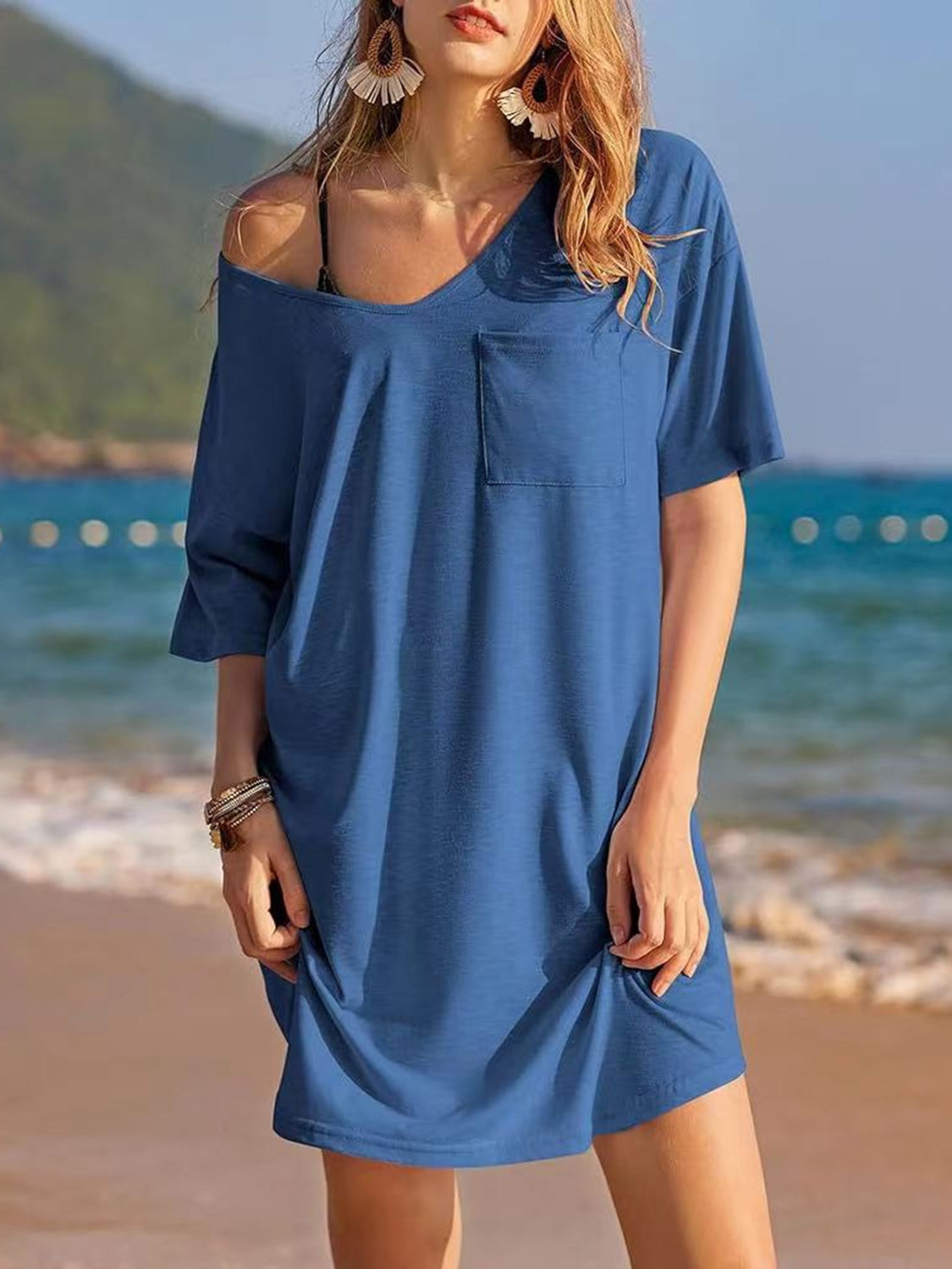 Pocketed V-Neck Short Sleeve Tee Dress Dusty Blue S 