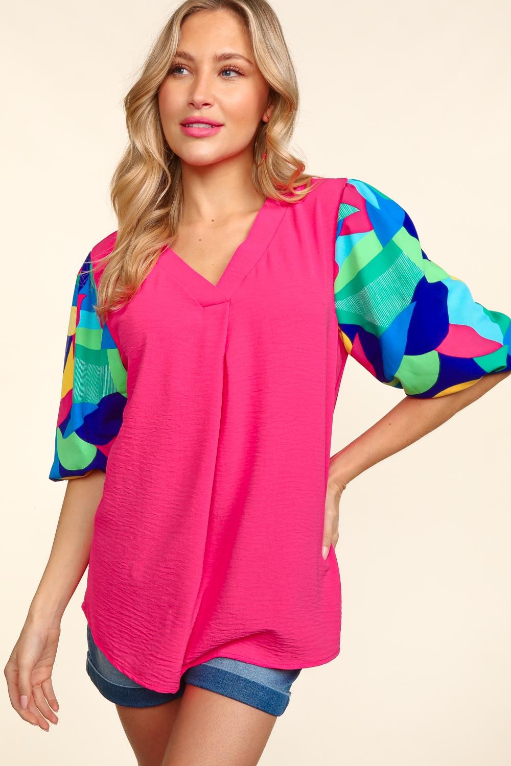 Haptics V-Neck Half Sleeve Blouse Fuchsia/Royal S 