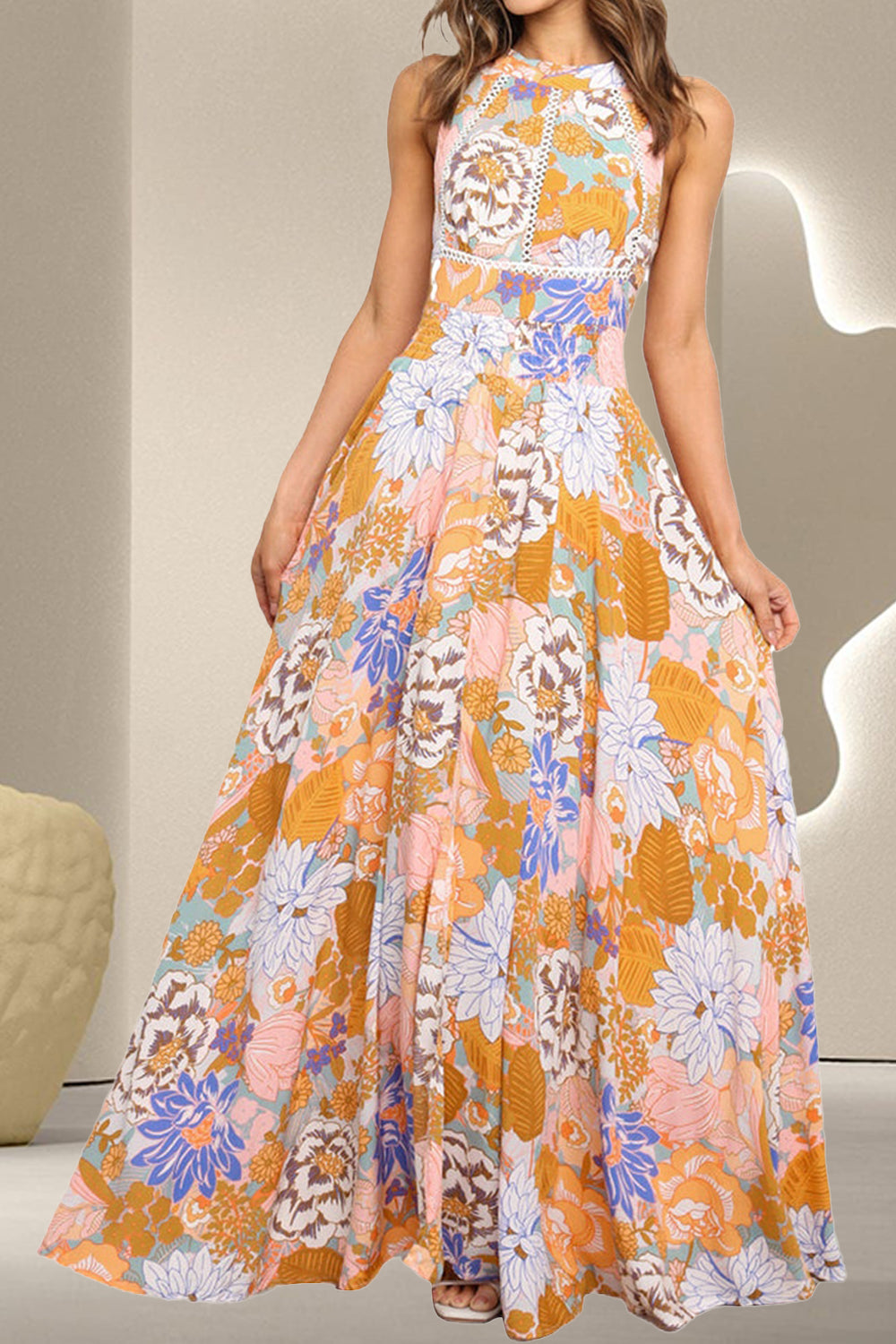 Tied Printed Grecian Sleeveless Maxi Dress Floral S 