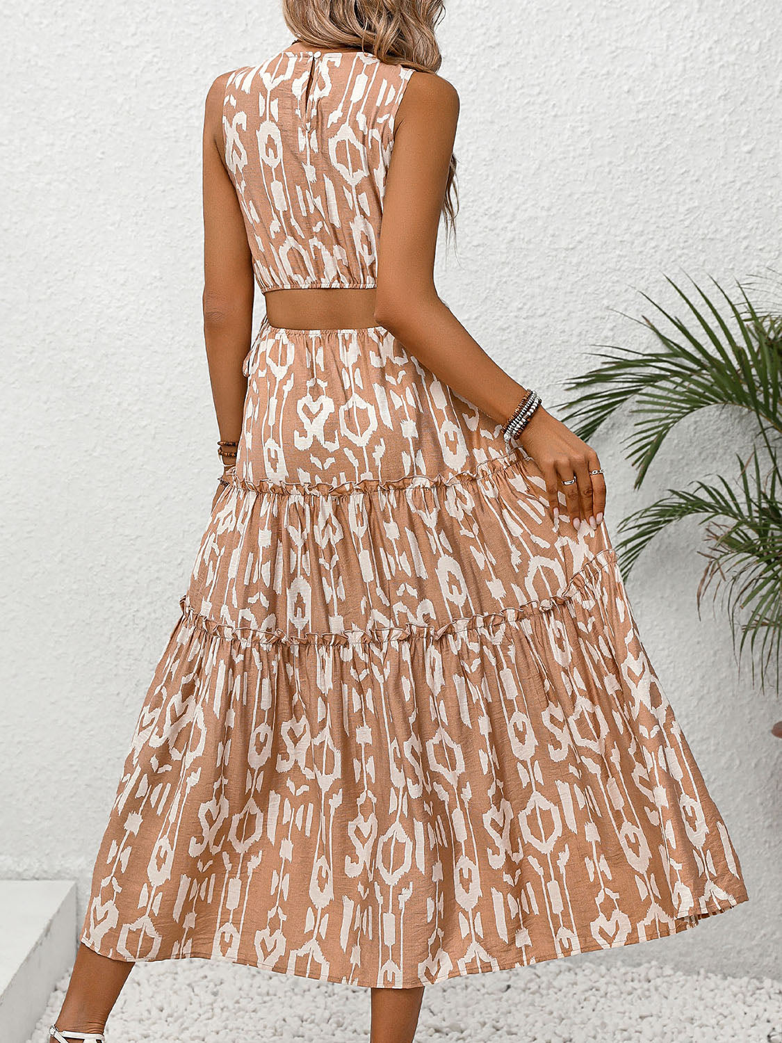 Frill Cutout Printed Round Neck Sleeveless Dress   