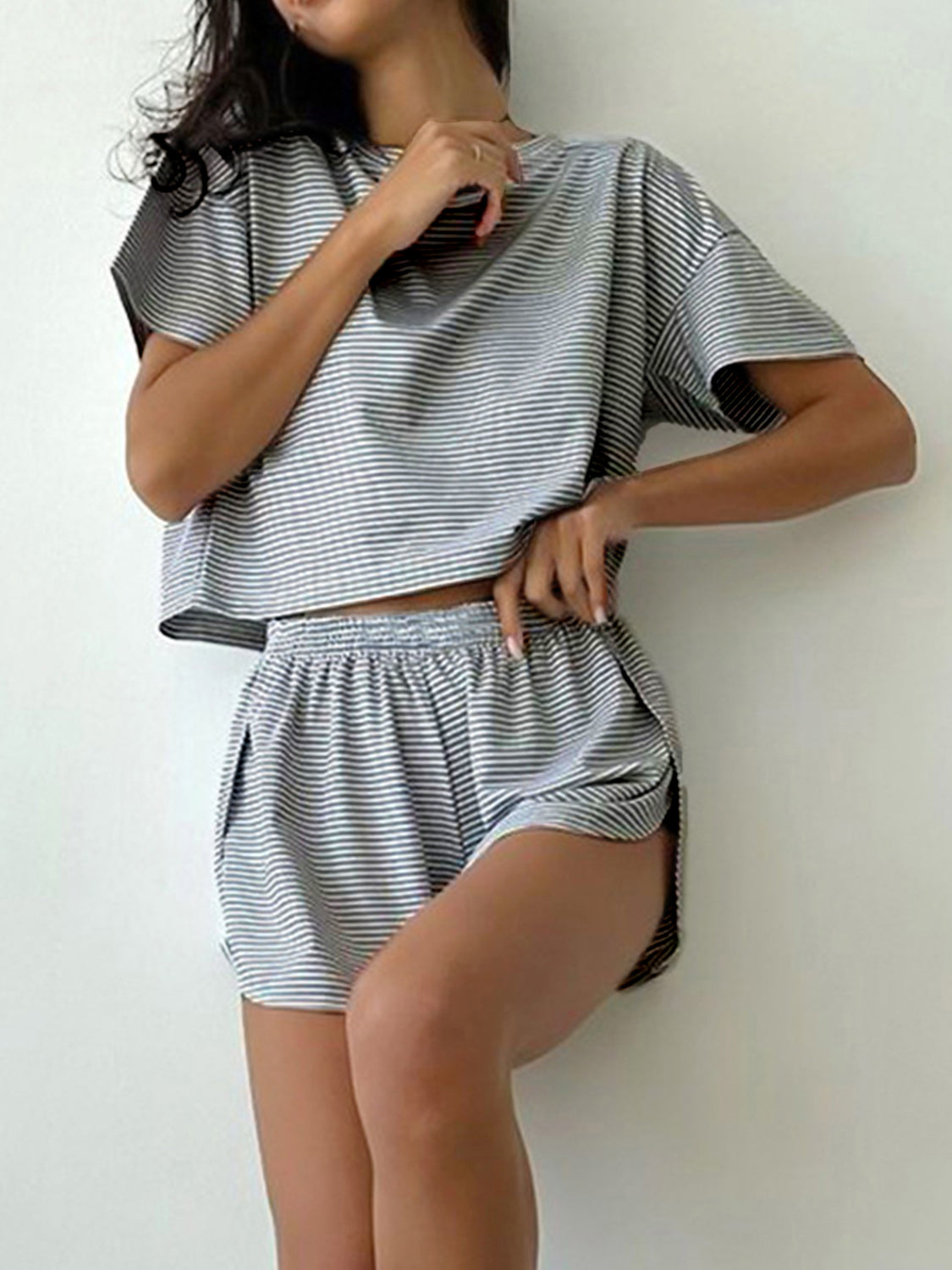 STUNNLY  Striped Round Neck Top and Shorts Set Black S 