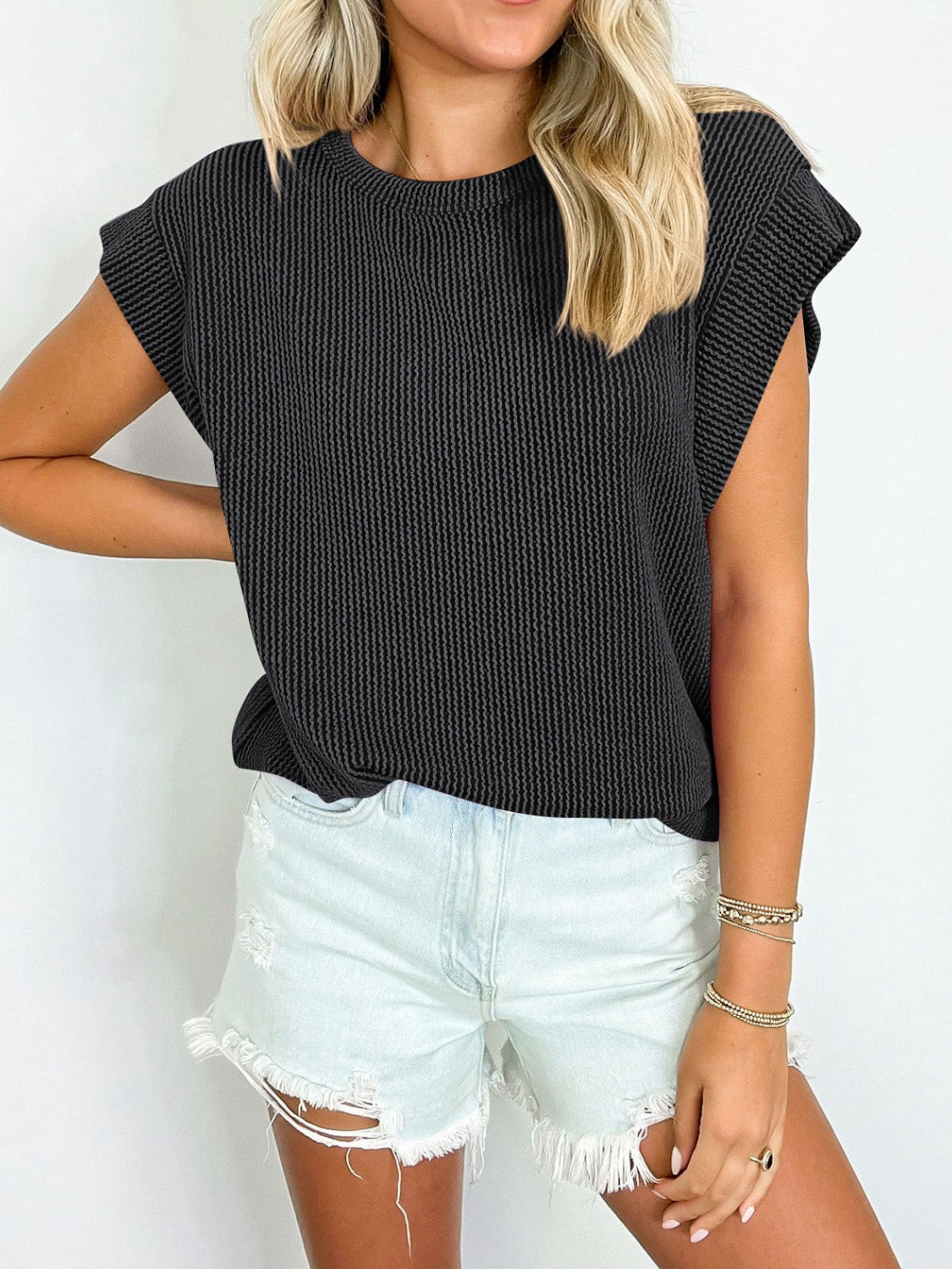 Textured Round Neck Cap Sleeve Blouse   