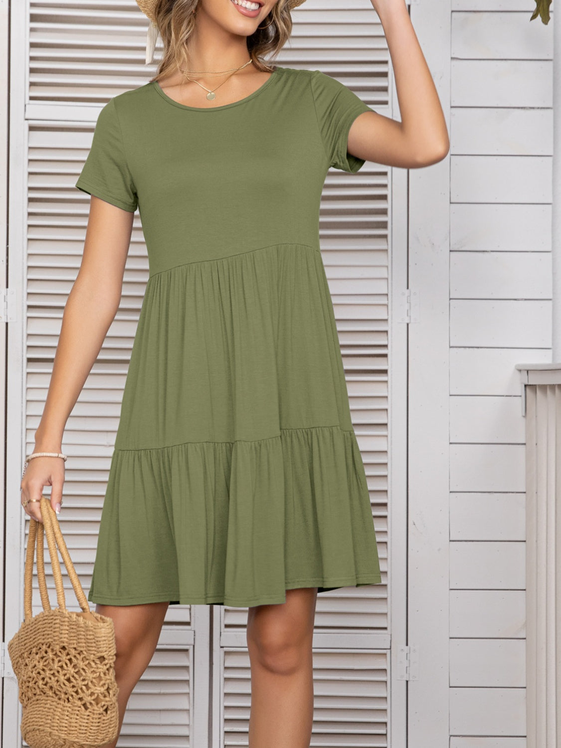 Round Neck Short Sleeve Mini Tee Dress Sage S 