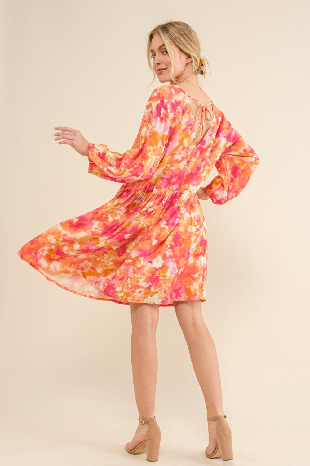 And The Why Full Size Printed Tie Back Long Sleeve Dress   