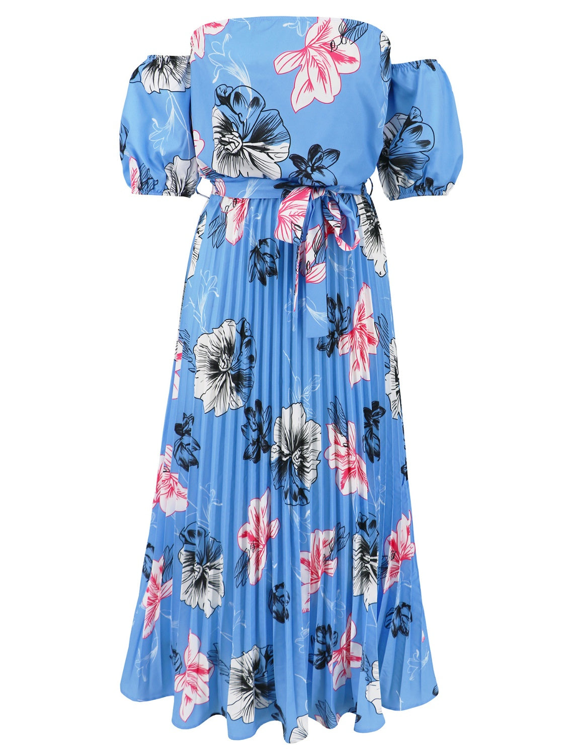 Pleated Floral Off-Shoulder Short Sleeve Midi Dress   