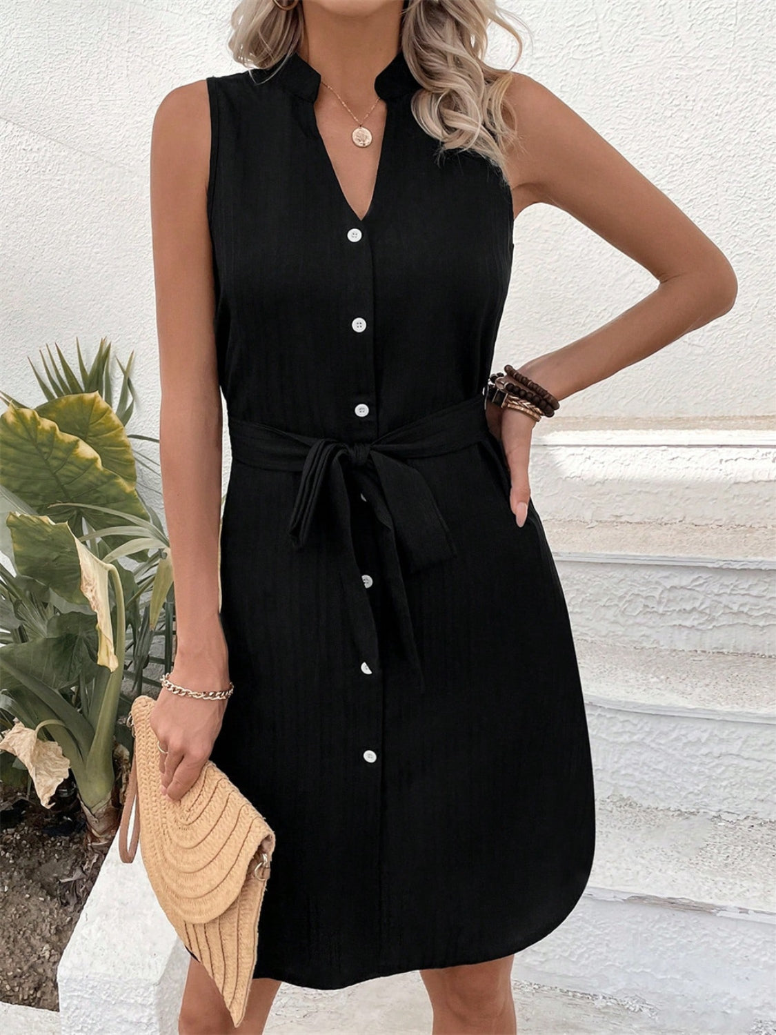 Tied Buttoned Up Notched Sleeveless Dress   