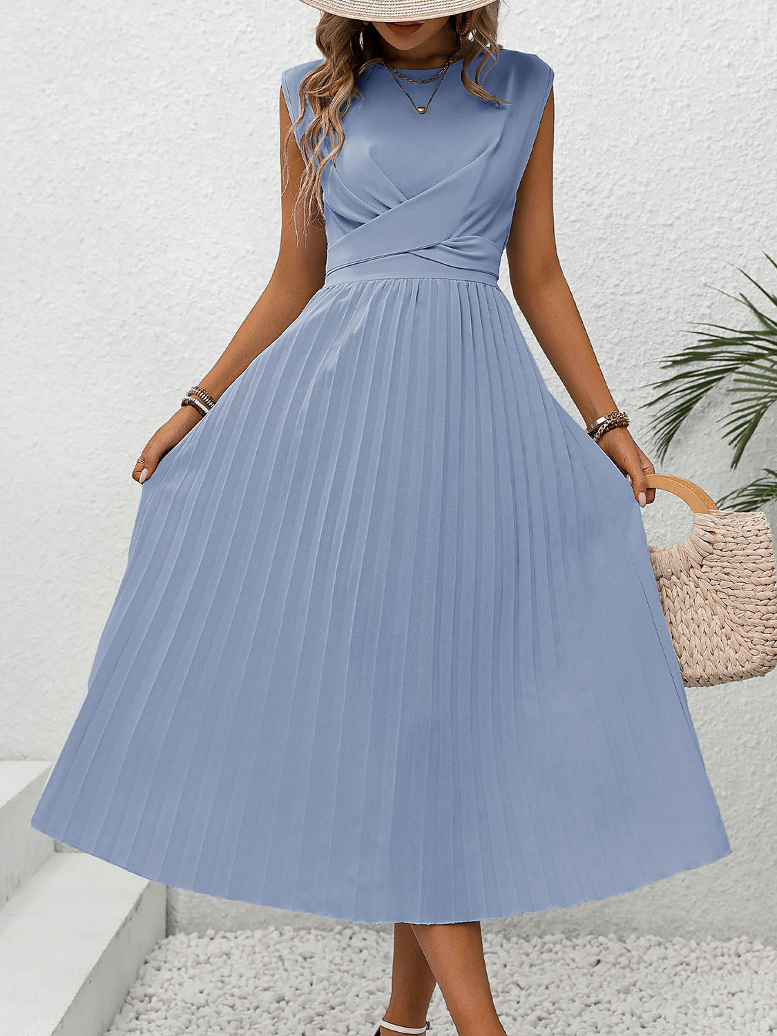 Pleated Round Neck Cap Sleeve Dress   