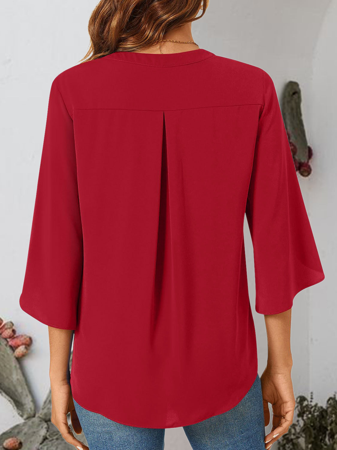 Notched Slit Half Sleeve Blouse   