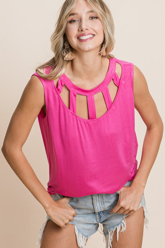 BiBi Cutout Round Neck Sleeveless Top Fuchsia S 