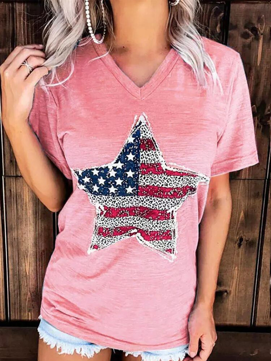 STUNNLY  US Flag Graphic V-Neck Short Sleeve T-Shirt   