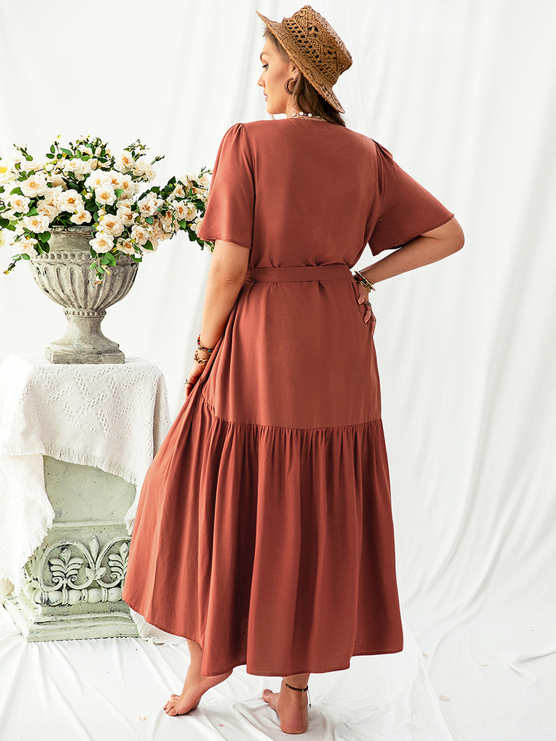 Plus Size V-Neck Flutter Sleeve Midi Dress   