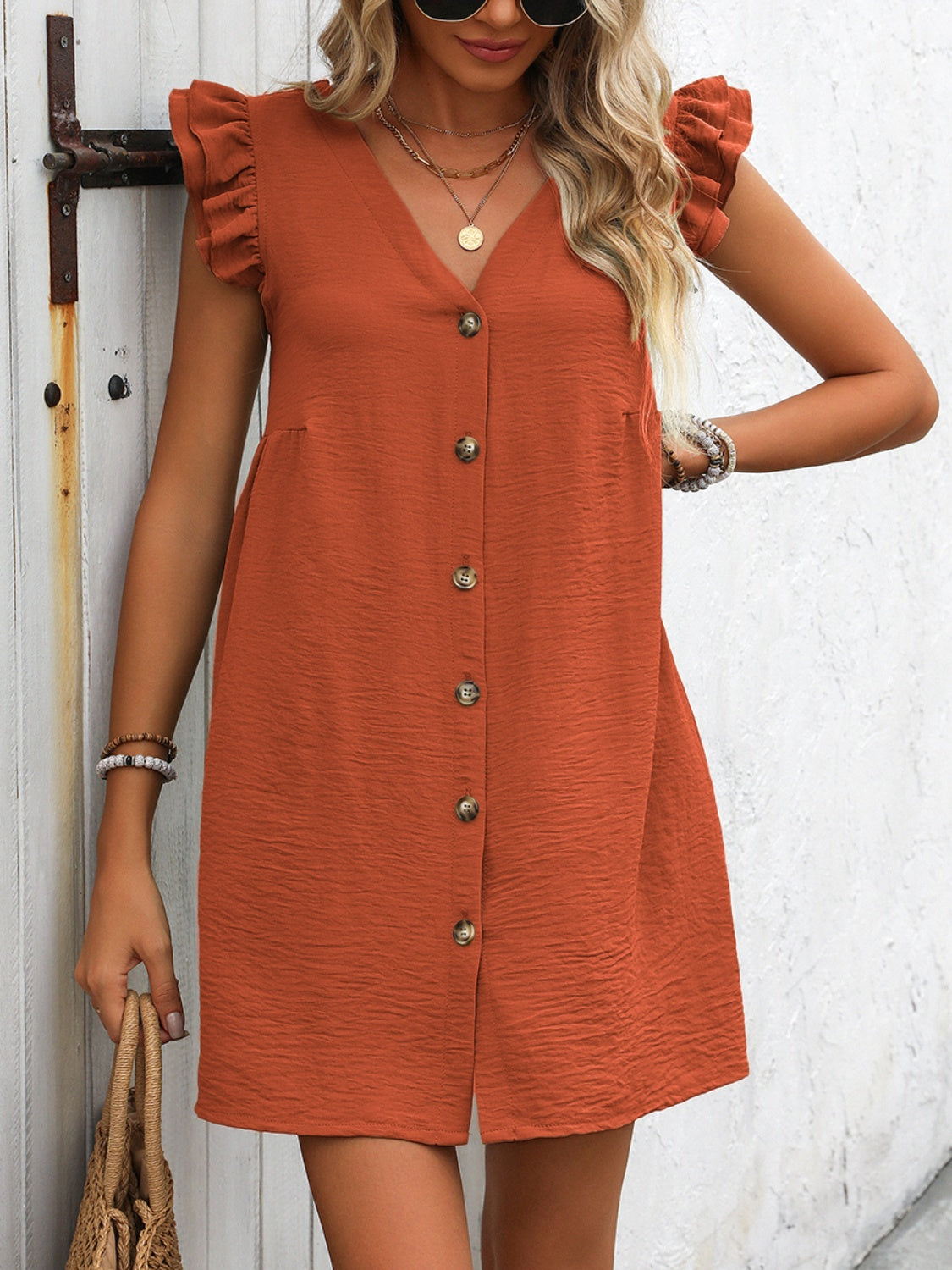 Button Up V-Neck Cap Sleeve Mini Dress   