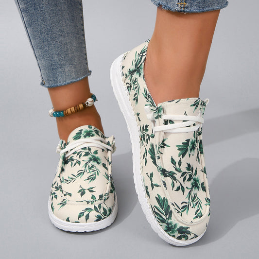 Printed Round Toe Flat Sneakers Ivory 36(US5) 