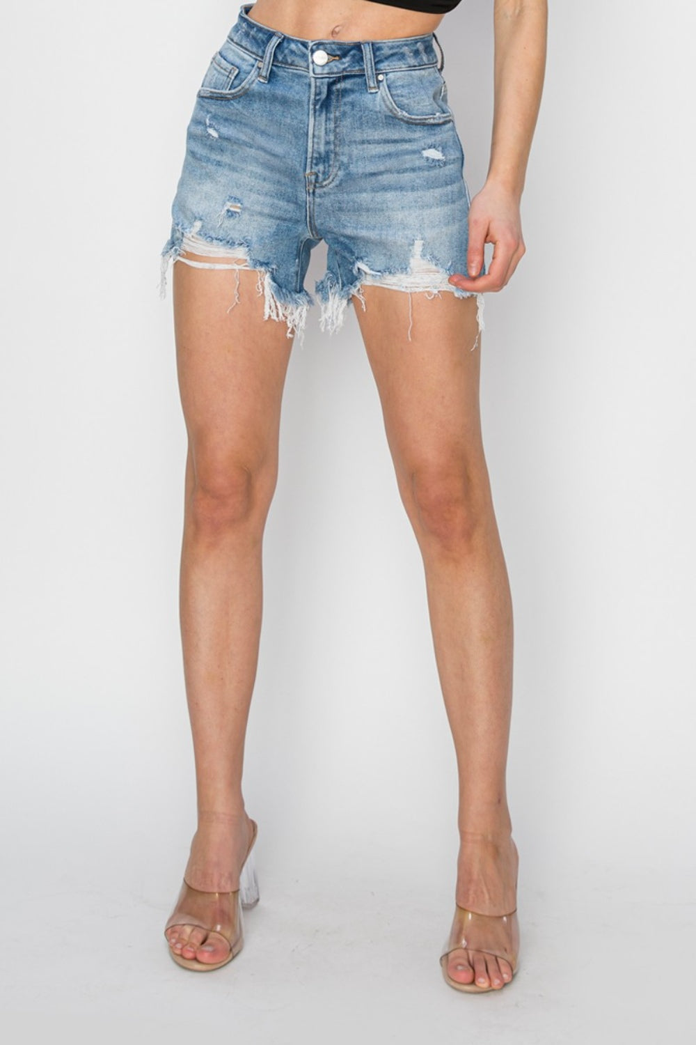 STUNNLY  RISEN High Rise Frayed Hem Denim Shorts   