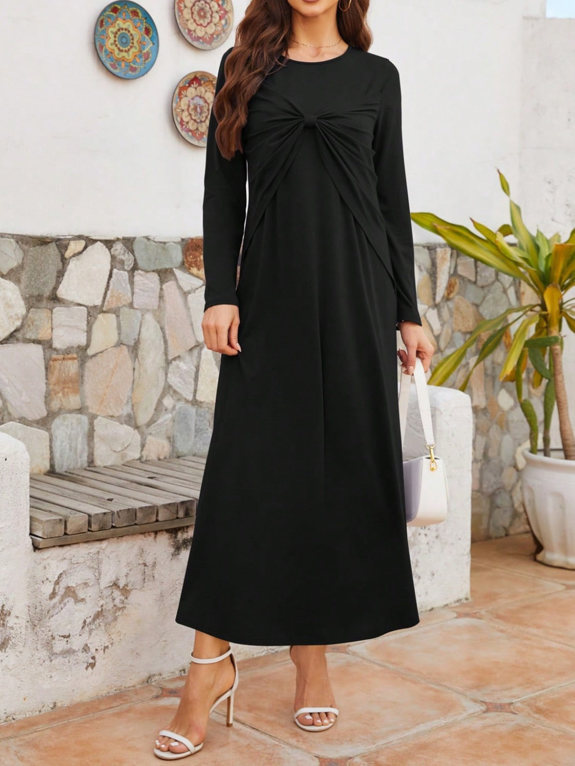 Twisted Round Neck Long Sleeve Dress Black S 