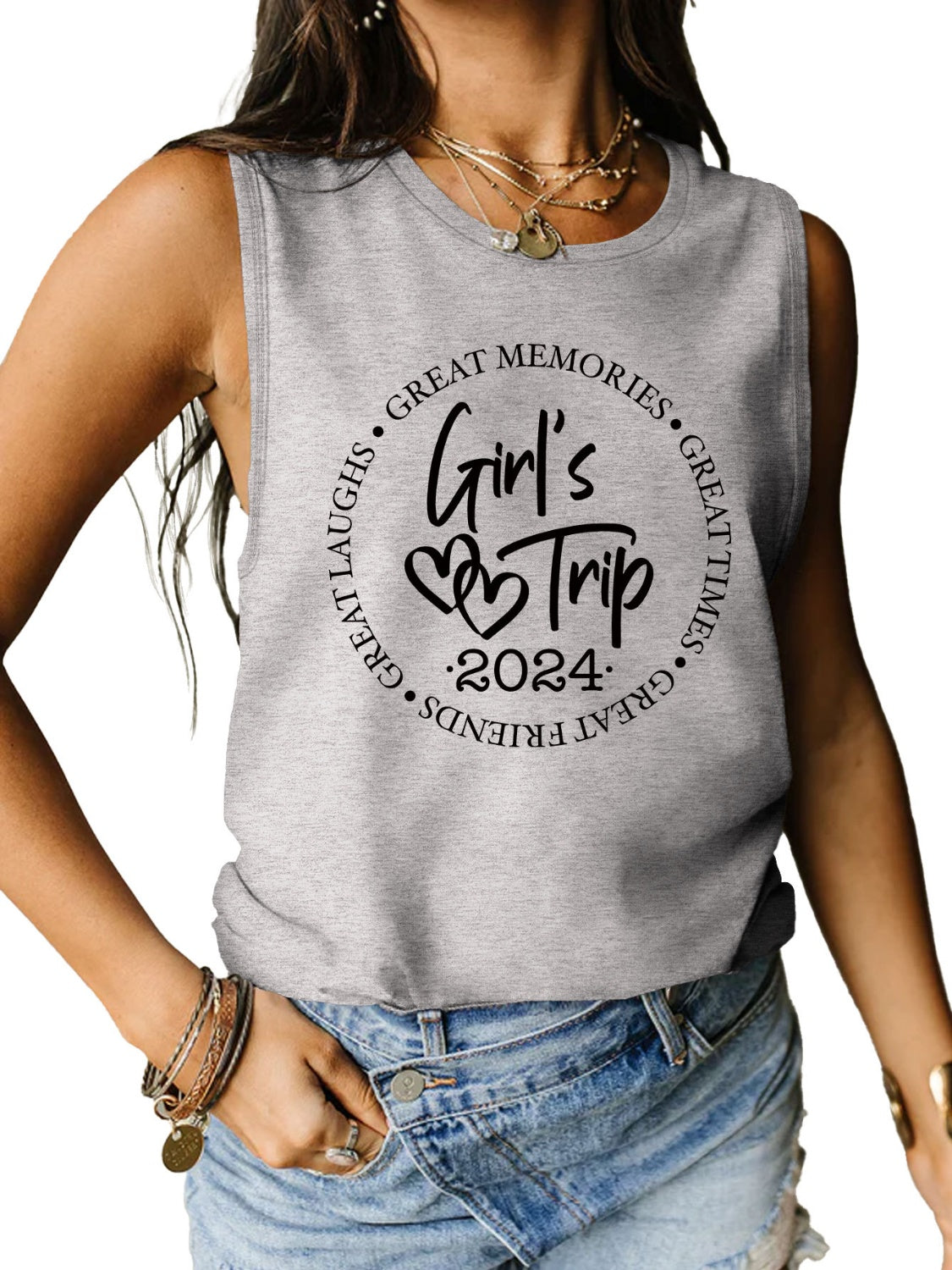 STUNNLY  Letter Graphic Round Neck Tank Heather Gray S 