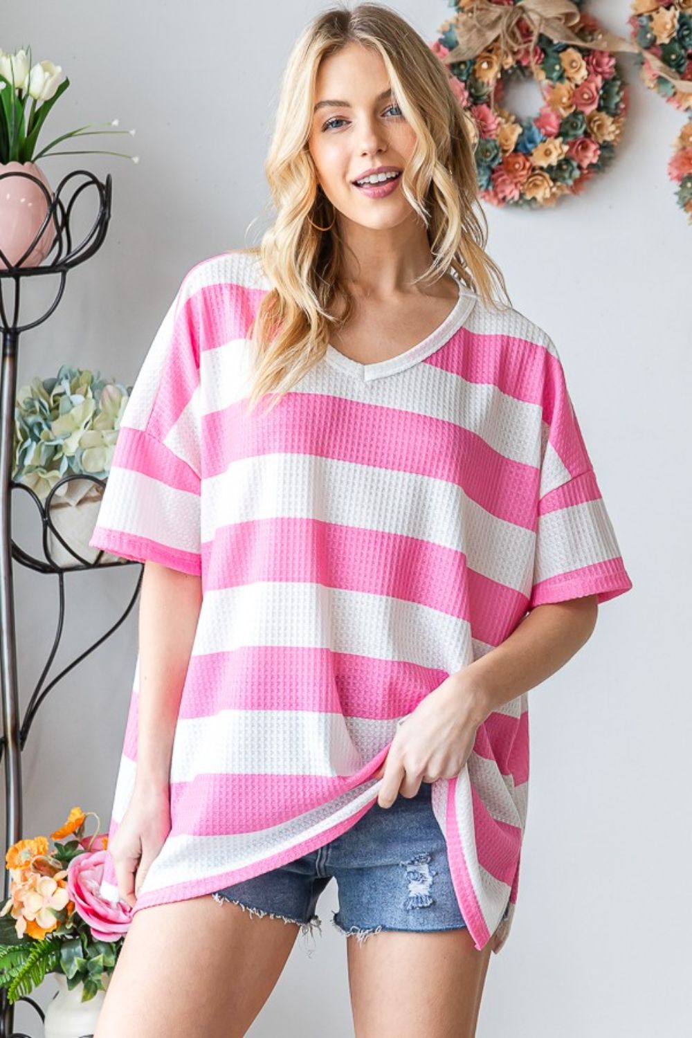 HOPELY Striped Waffle Oversized T-Shirt   