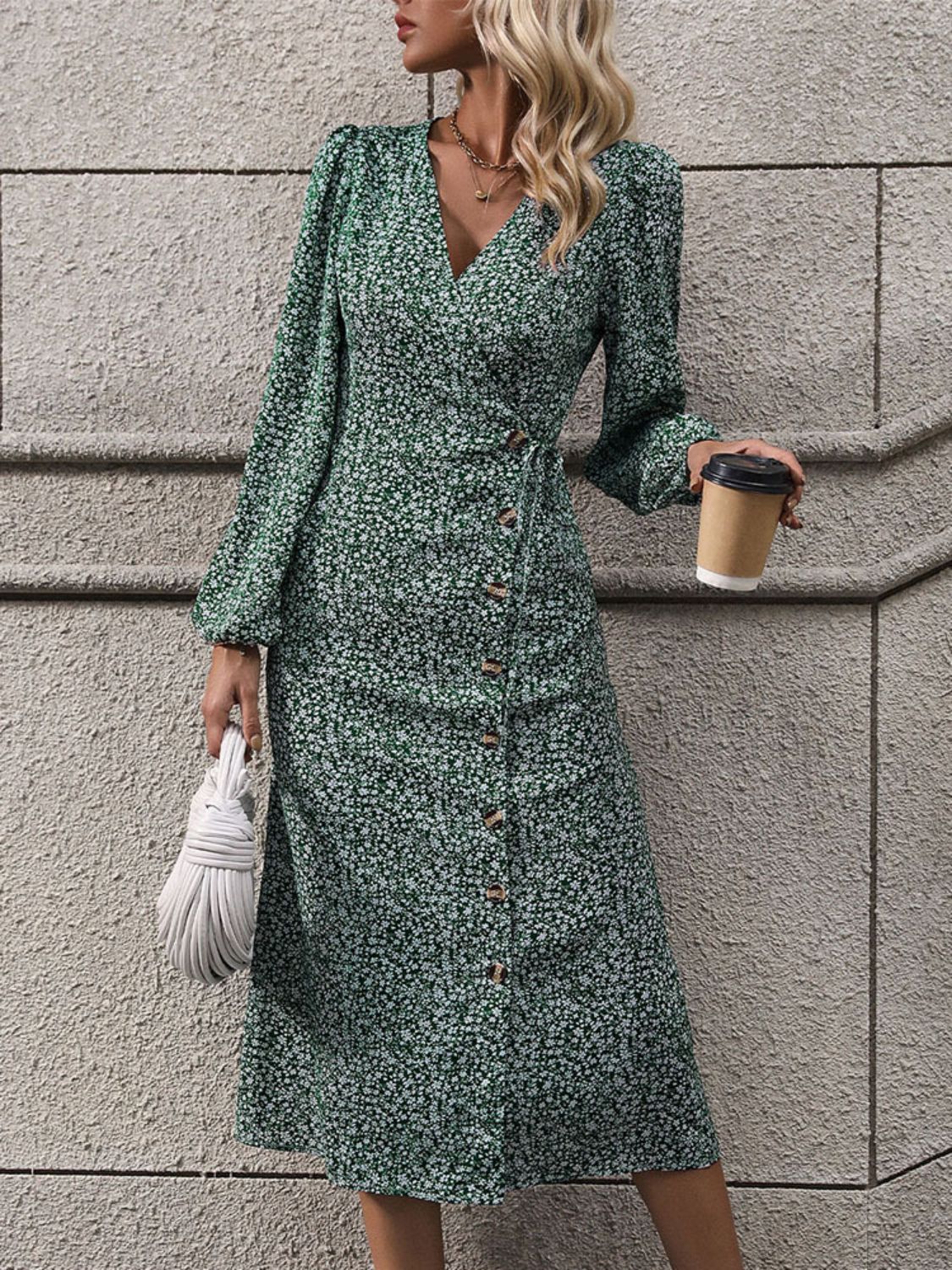 Printed Surplice Long Sleeve Midi Dress   