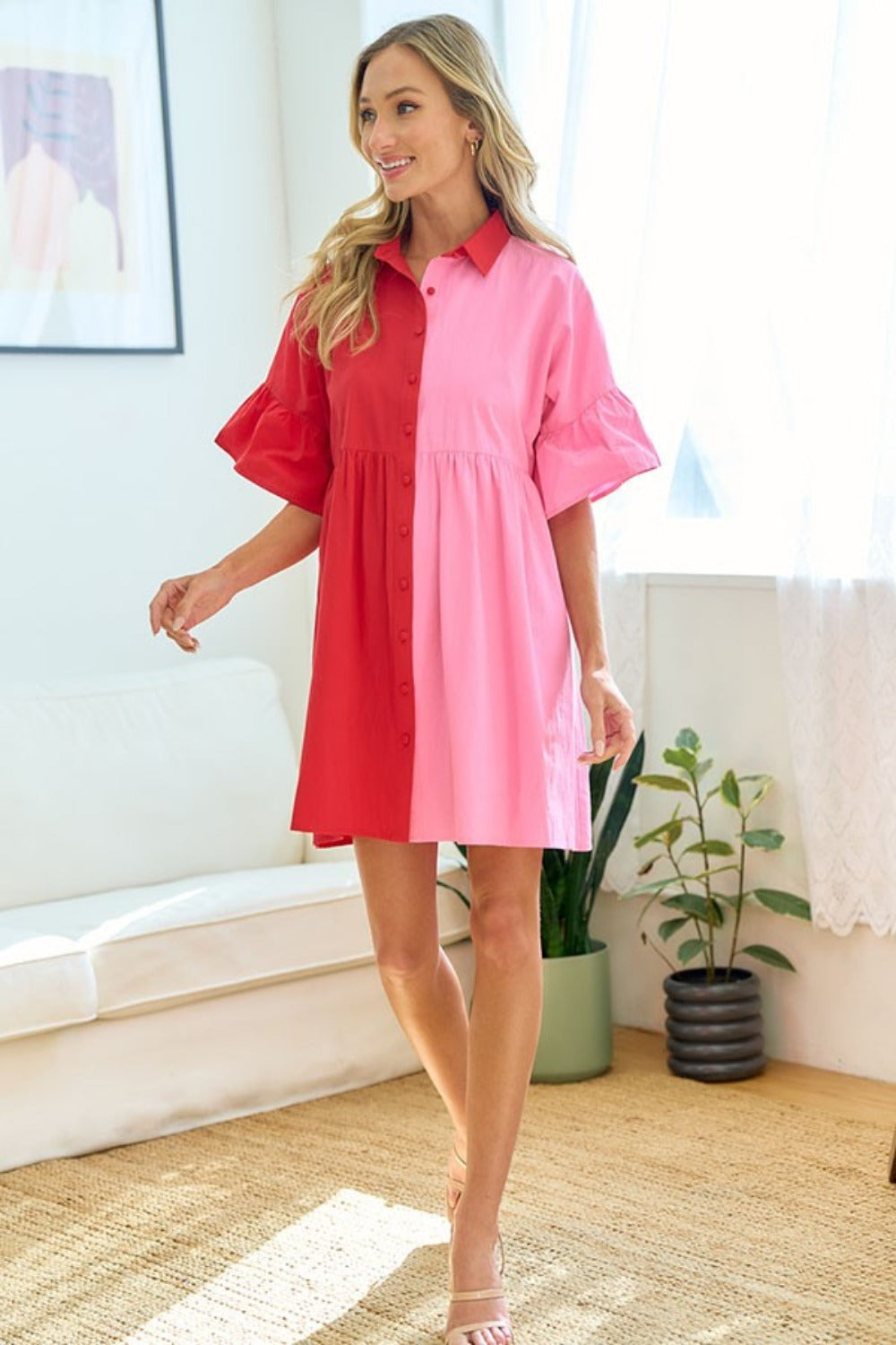 First Love Full Size Color Blocked Button Down Babydoll Dress   