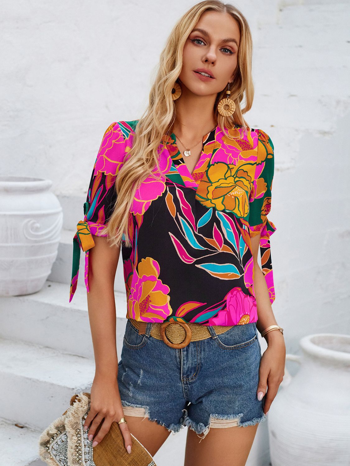 Tied Printed Notched Short Sleeve Blouse   