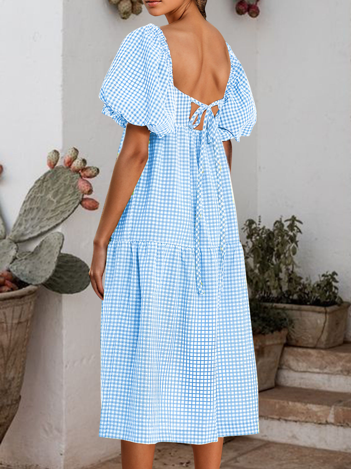 Plaid Square Neck Short Sleeve Dress   