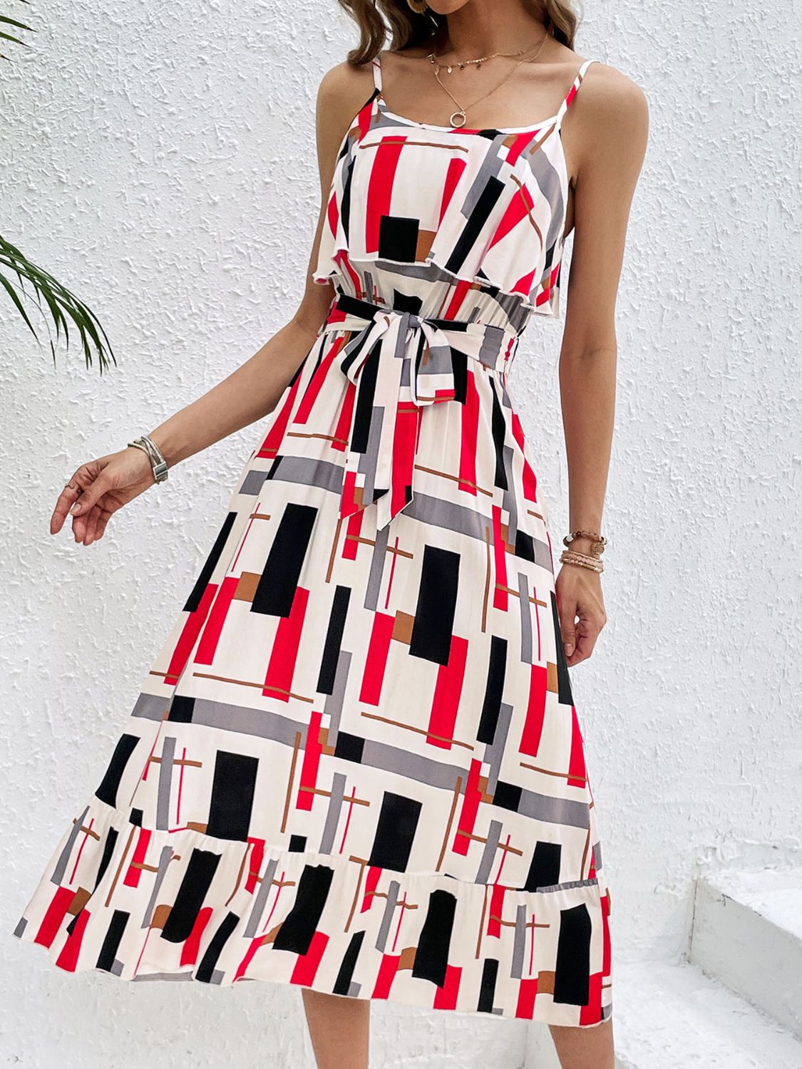 Ruffled Printed Tie Waist Midi Dress   