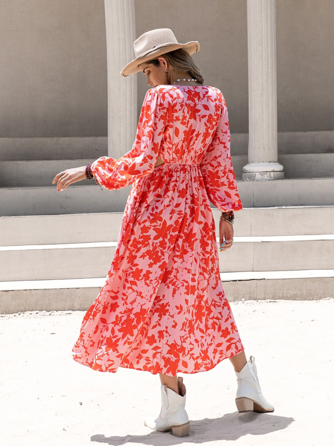 Tied Cutout Printed Long Sleeve Midi Dress   