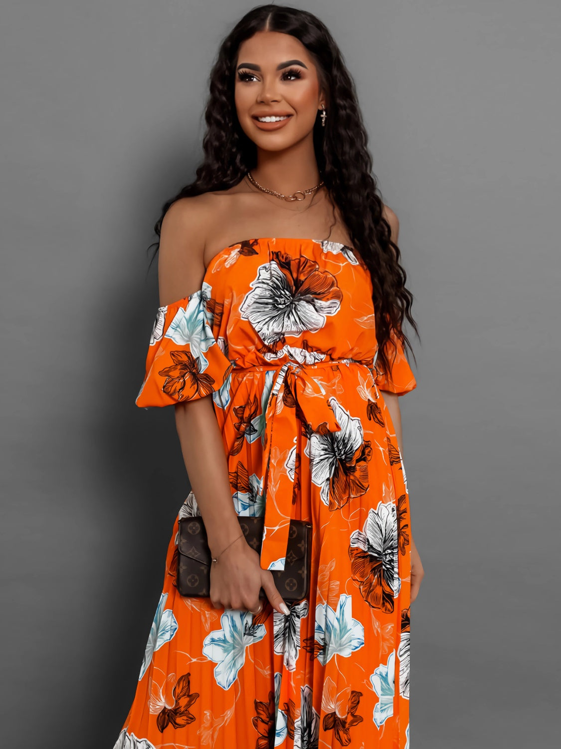 Pleated Floral Off-Shoulder Short Sleeve Midi Dress Orange S 