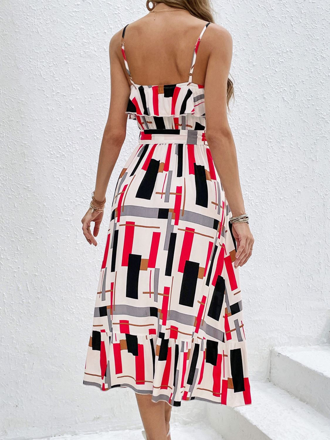 Ruffled Printed Tie Waist Midi Dress   