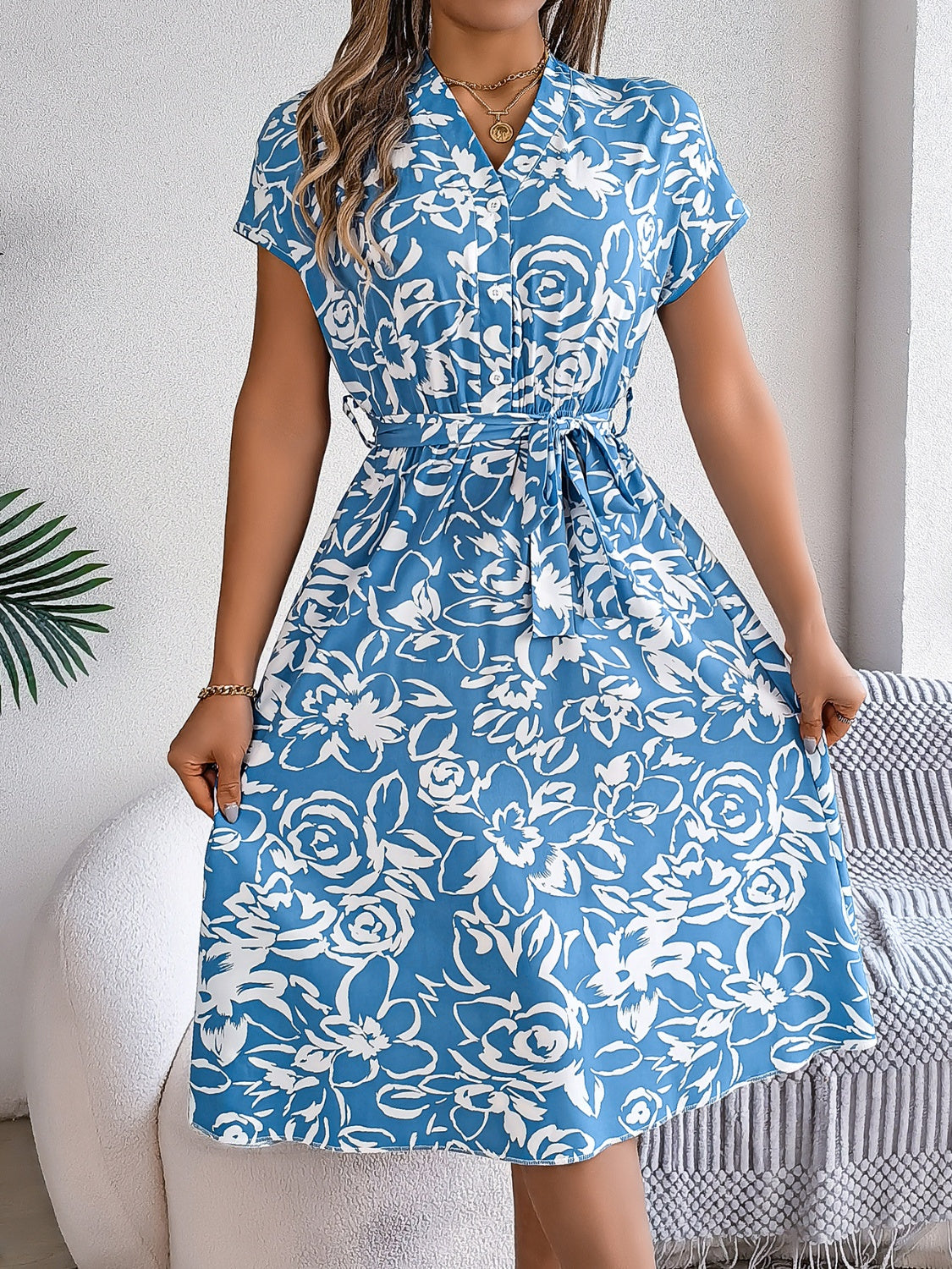 Printed V-Neck Short Sleeve Dress   