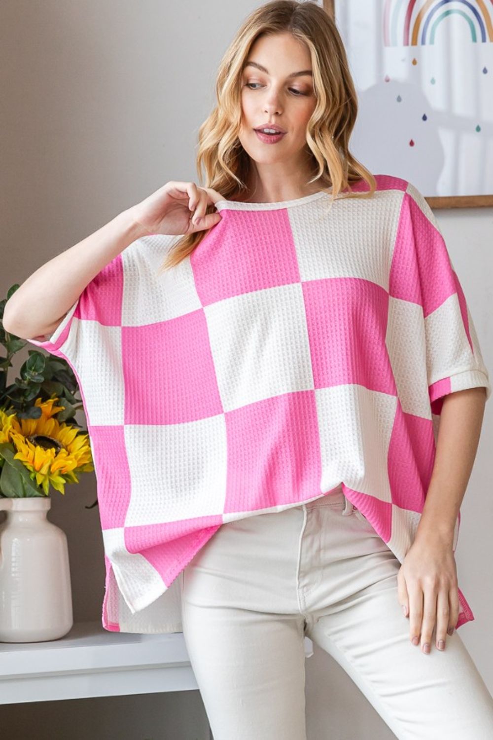 HOPELY Checkered Waffle Oversized T-Shirt   