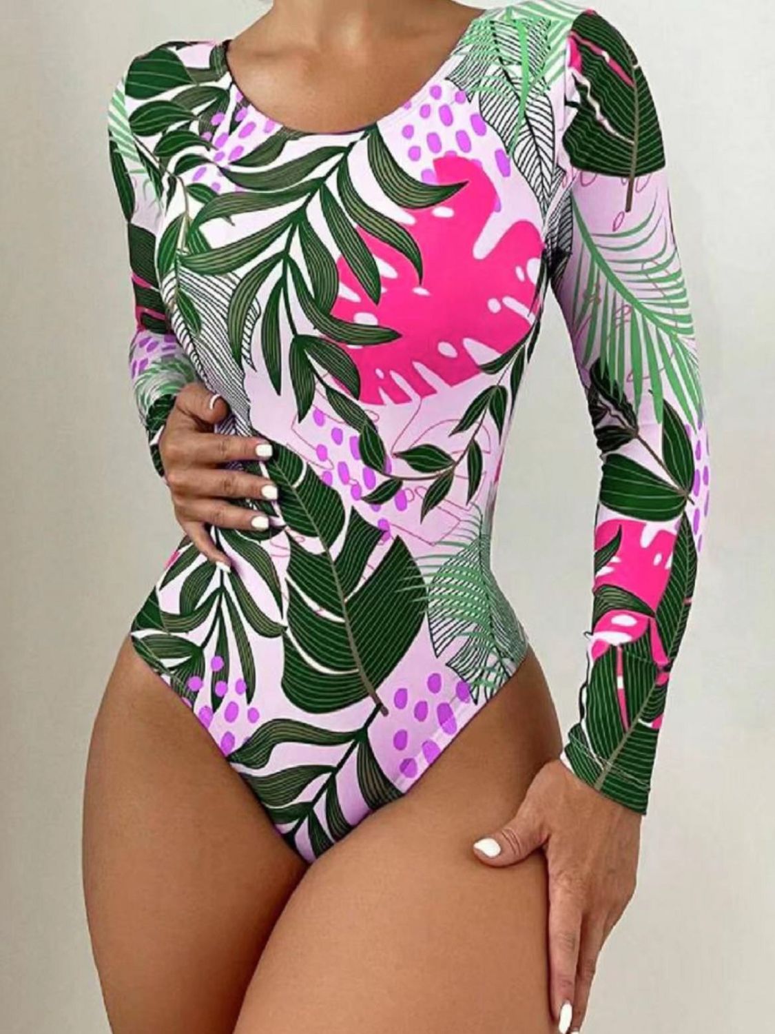 Crisscross Round Neck Long Sleeve Swimwear Hot Pink S 