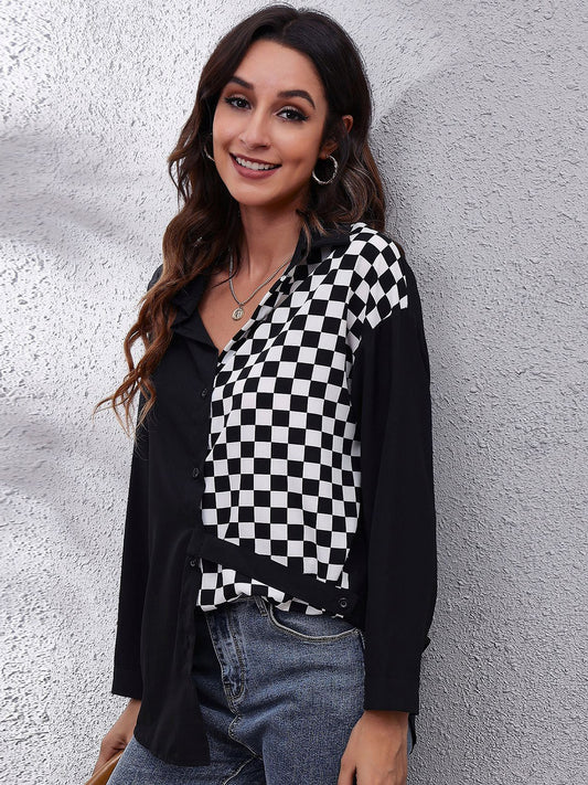STUNNLY  Printed Collared Neck Long Sleeve Shirt Black/White S 