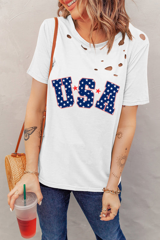 STUNNLY  USA Round Neck Short Sleeve T-Shirt White S 