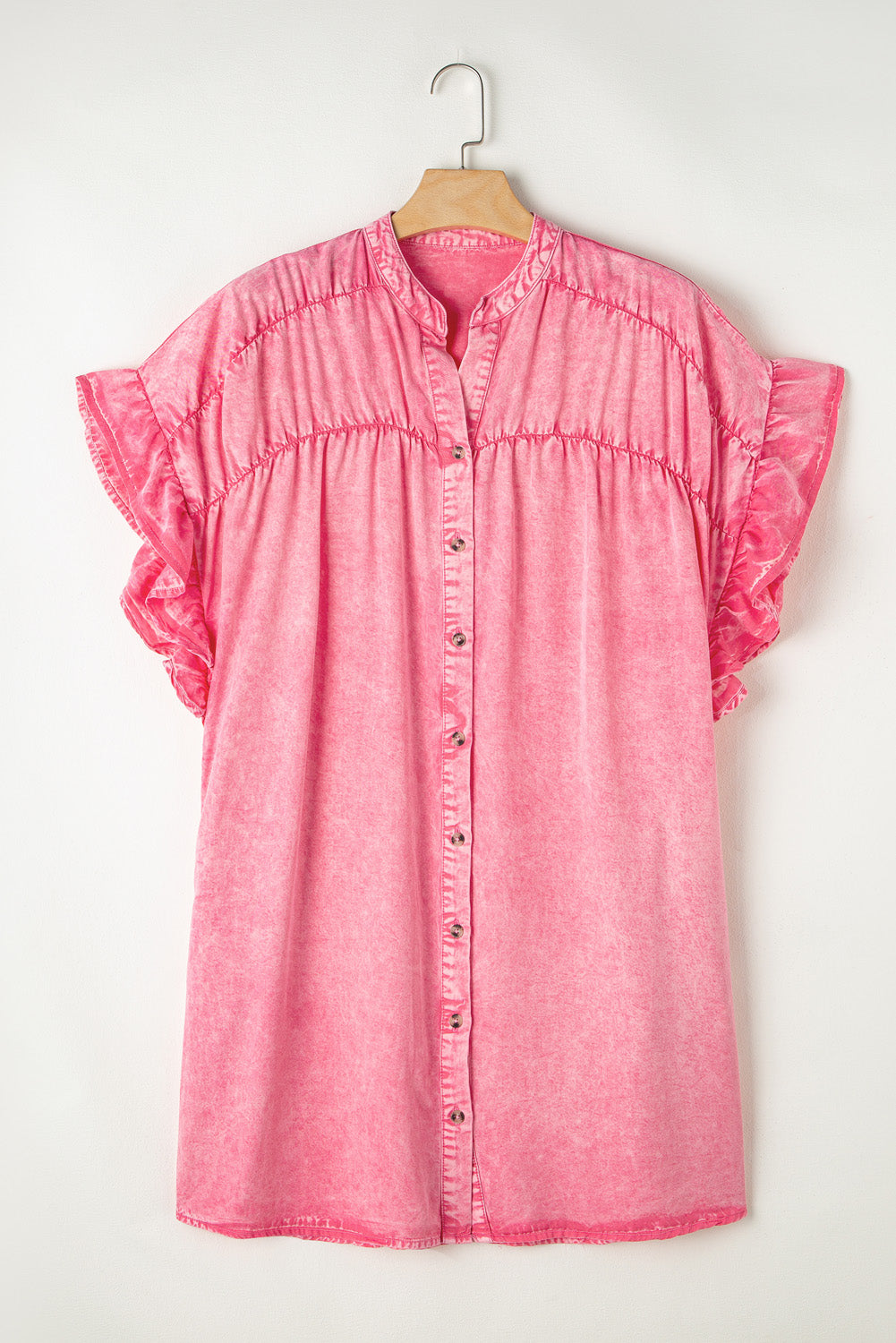 Ruffled Notched Cap Sleeve Denim Dress Pink S 