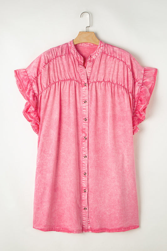 Ruffled Notched Cap Sleeve Denim Dress Pink S 