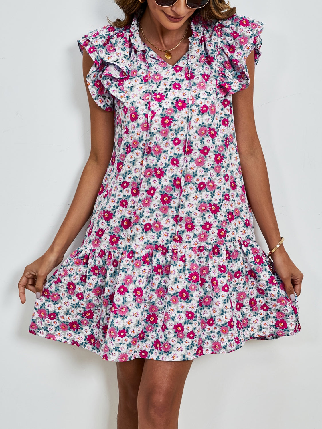 Tied Floral Cap Sleeve Mini Dress   