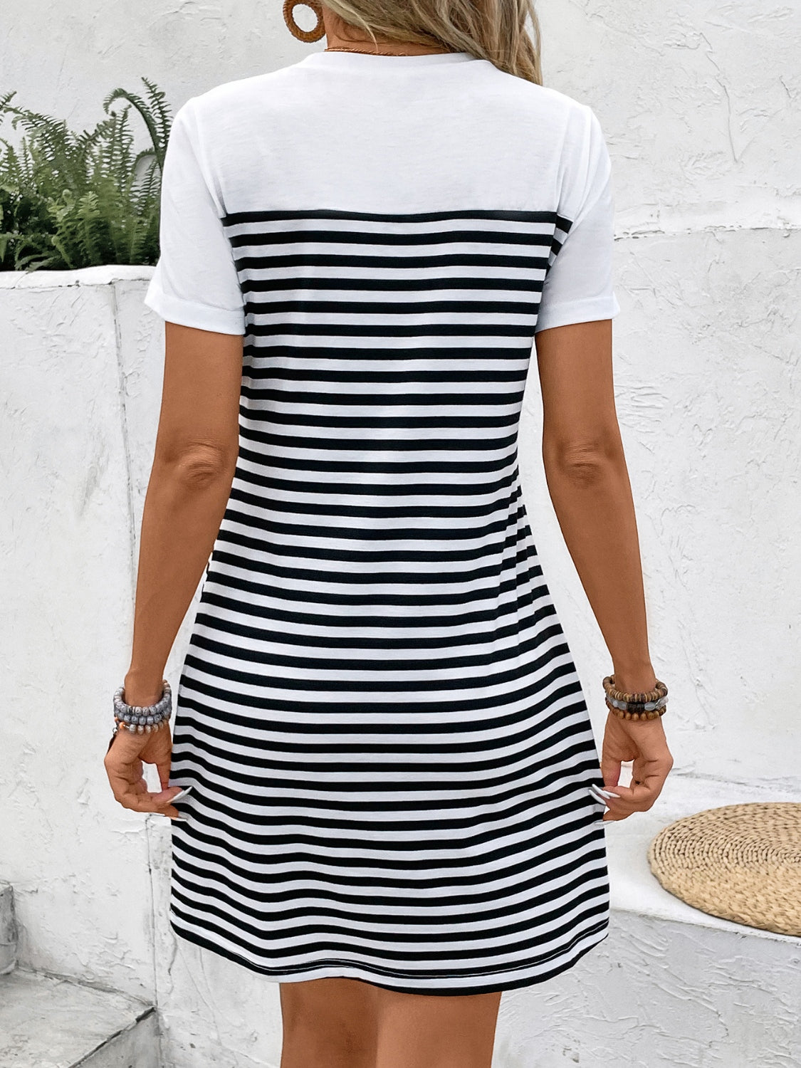 STUNNLY  Striped Round Neck Short Sleeve Mini Tee Dress   