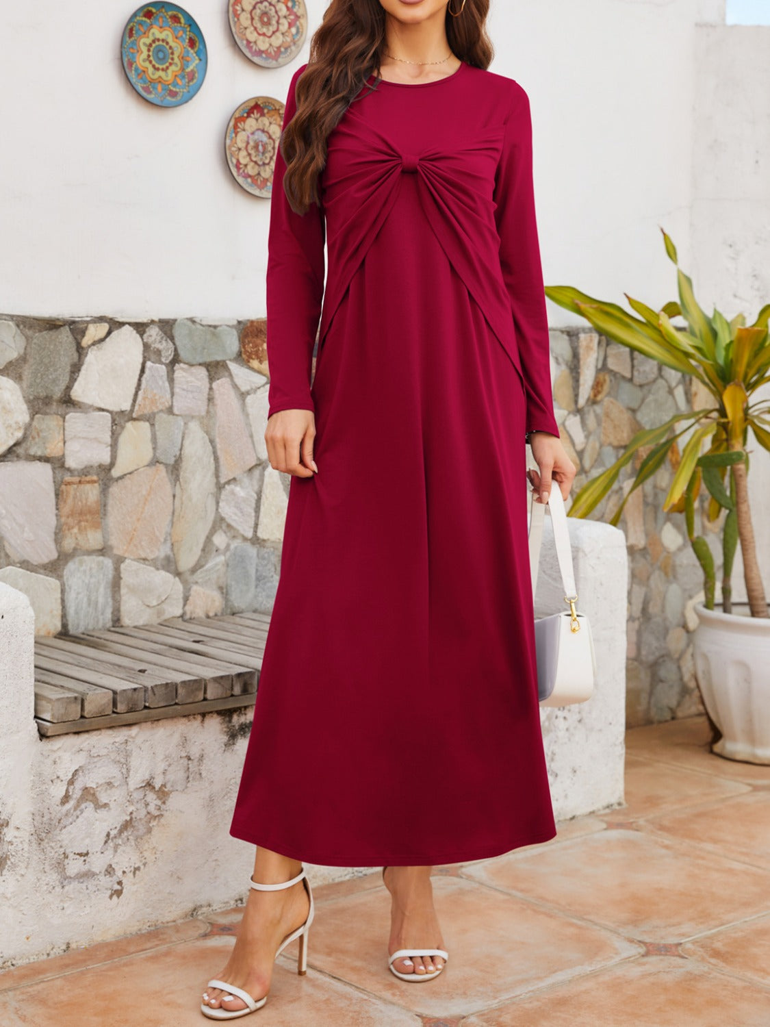 Twisted Round Neck Long Sleeve Dress Burgundy S 