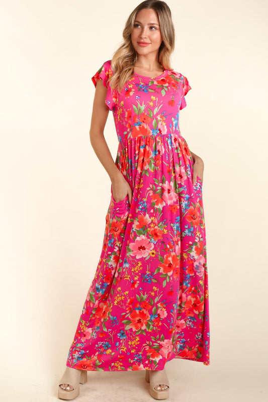 Haptics Floral Ruffled Round Neck Cap Sleeve Dress Fuchsia S 