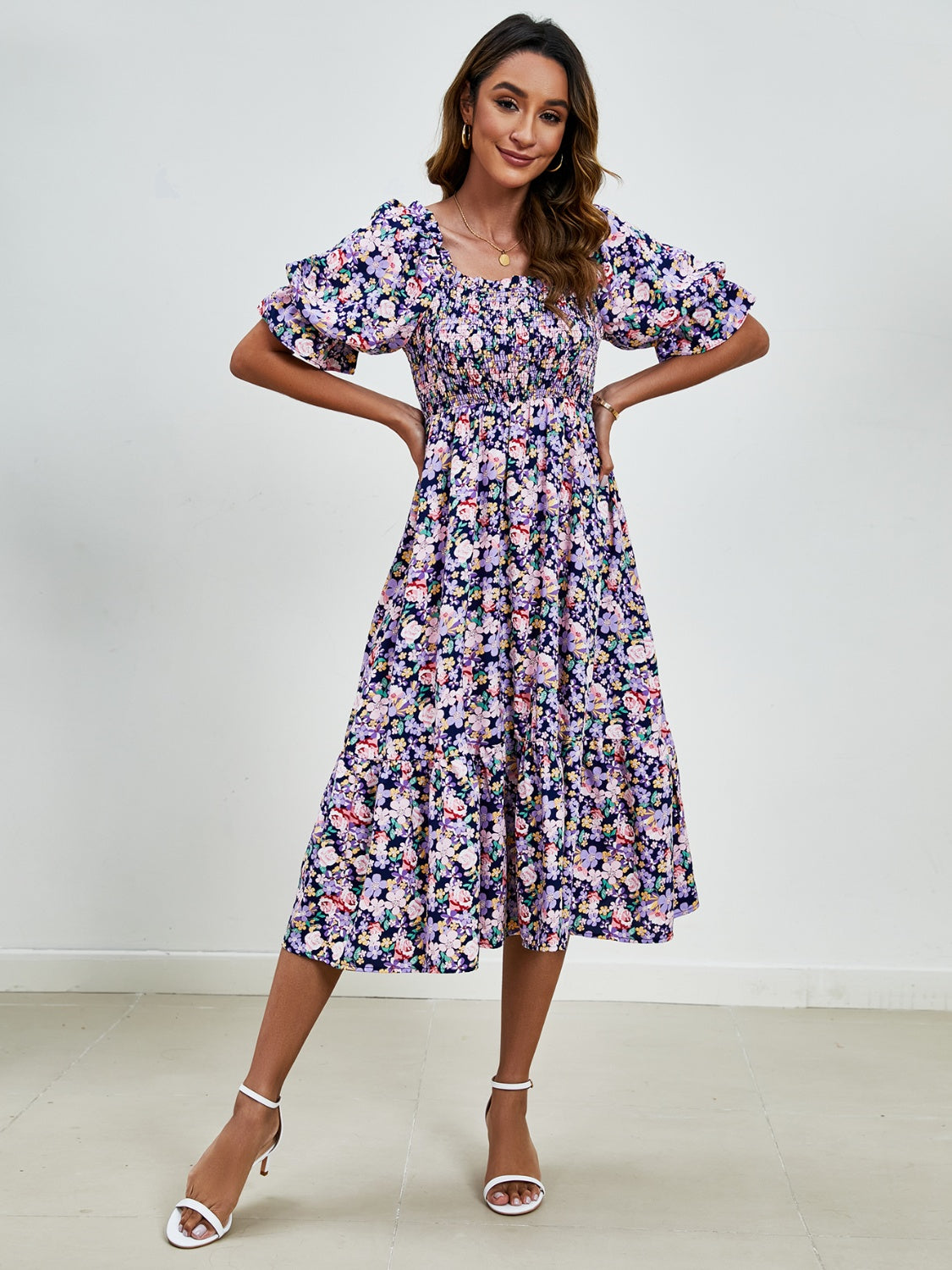 Smocked Floral Square Neck Short Sleeve Dress   