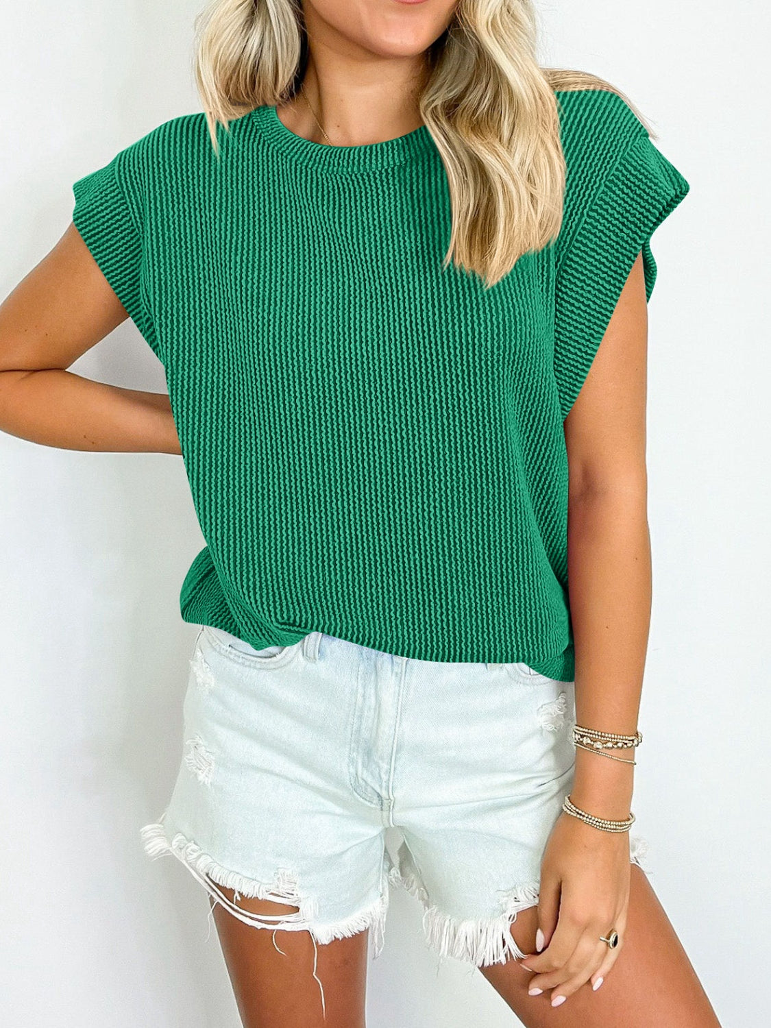 Textured Round Neck Cap Sleeve Blouse   