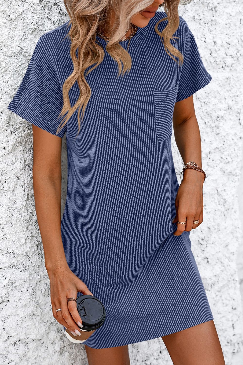 STUNNLY  Ribbed Striped Short Sleeve Mini Tee Dress   