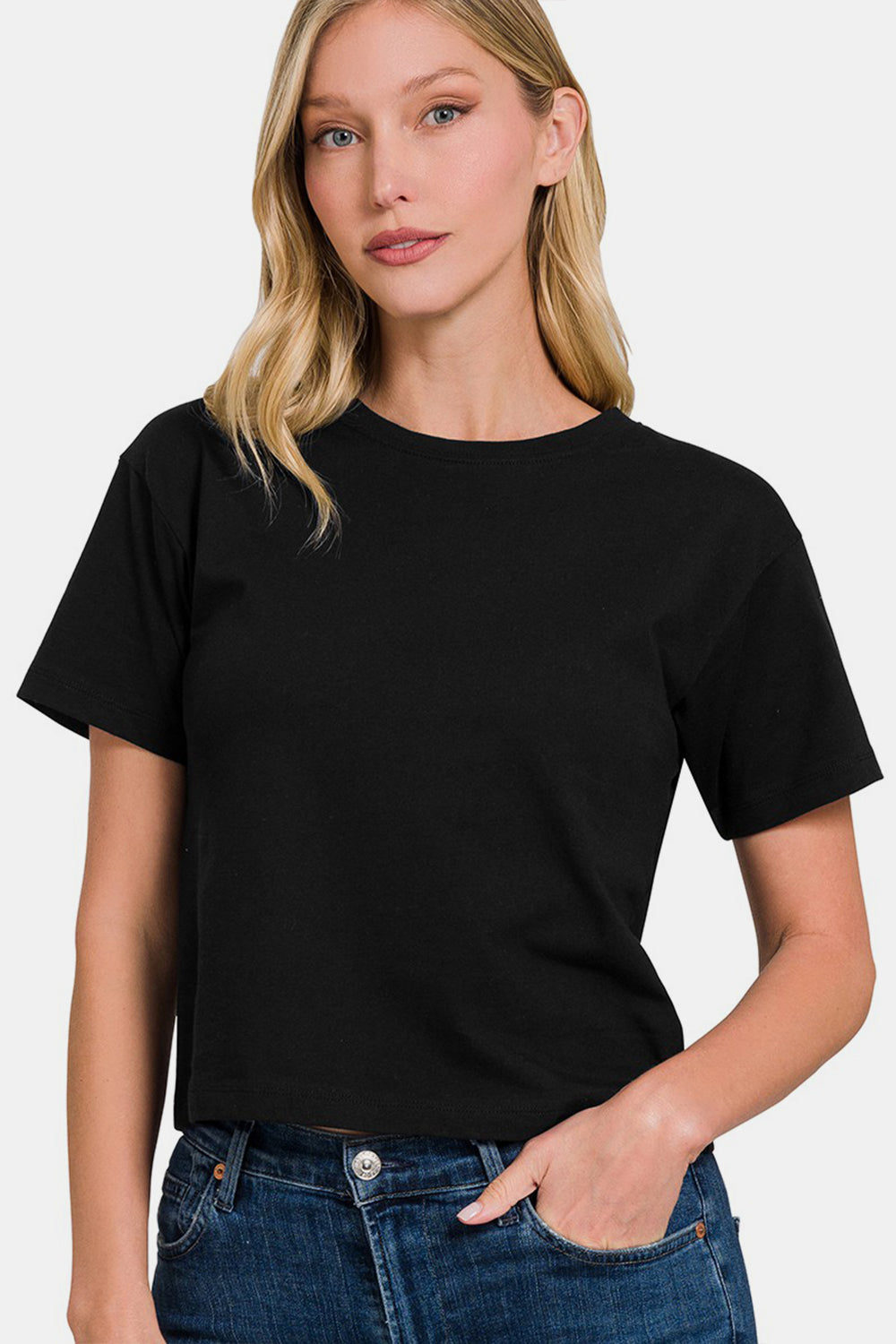 STUNNLY  Zenana Round Neck Short Sleeve Cropped T-Shirt Black S 