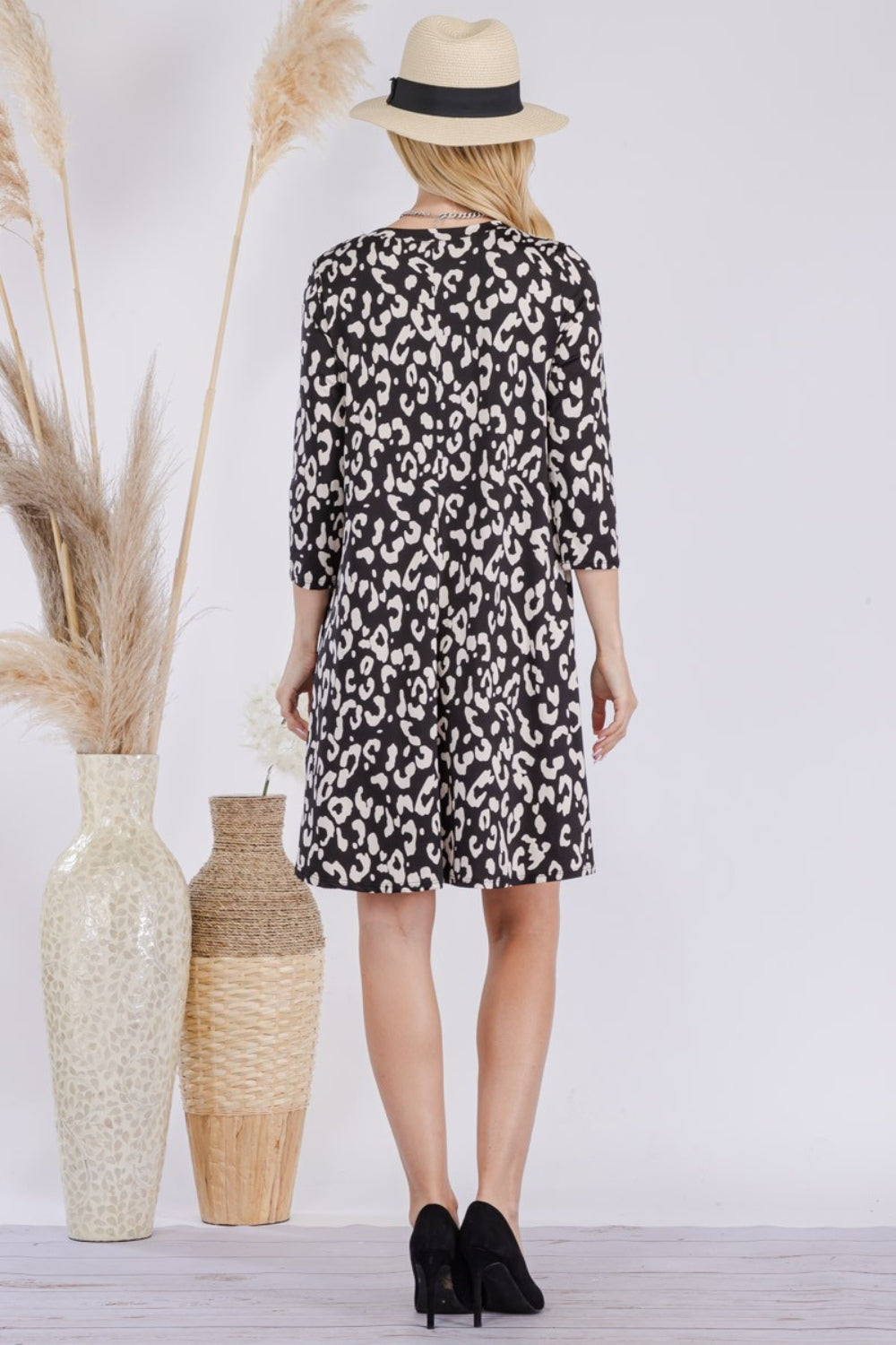 Celeste Full Size Leopard Three-Quarter Sleeve Dress with Pockets   