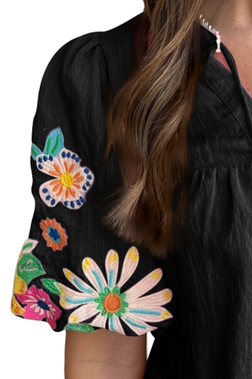 Embroidered Tie Neck Half Sleeve Blouse   