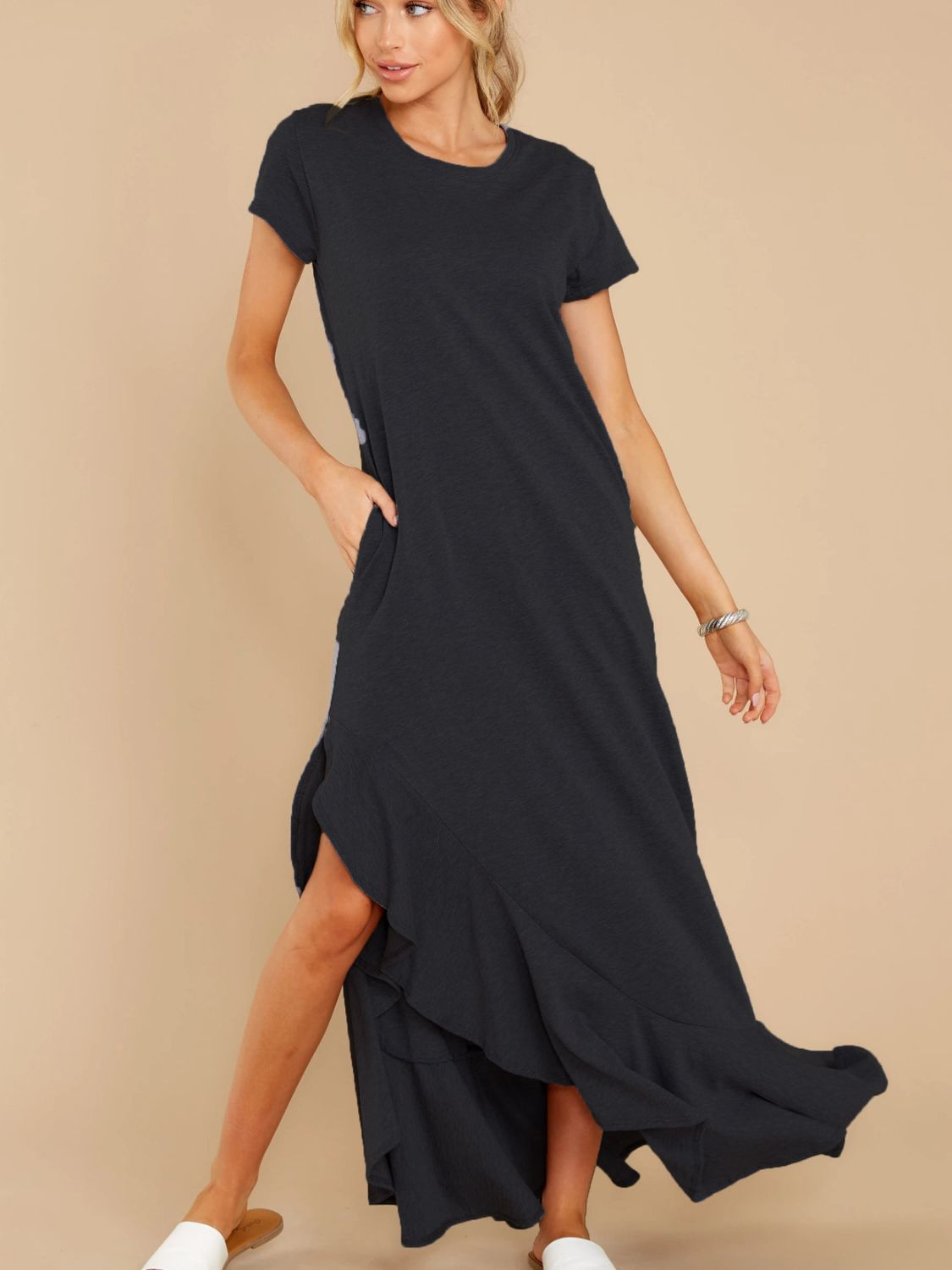 Slit Round Neck Short Sleeve Maxi Dress   