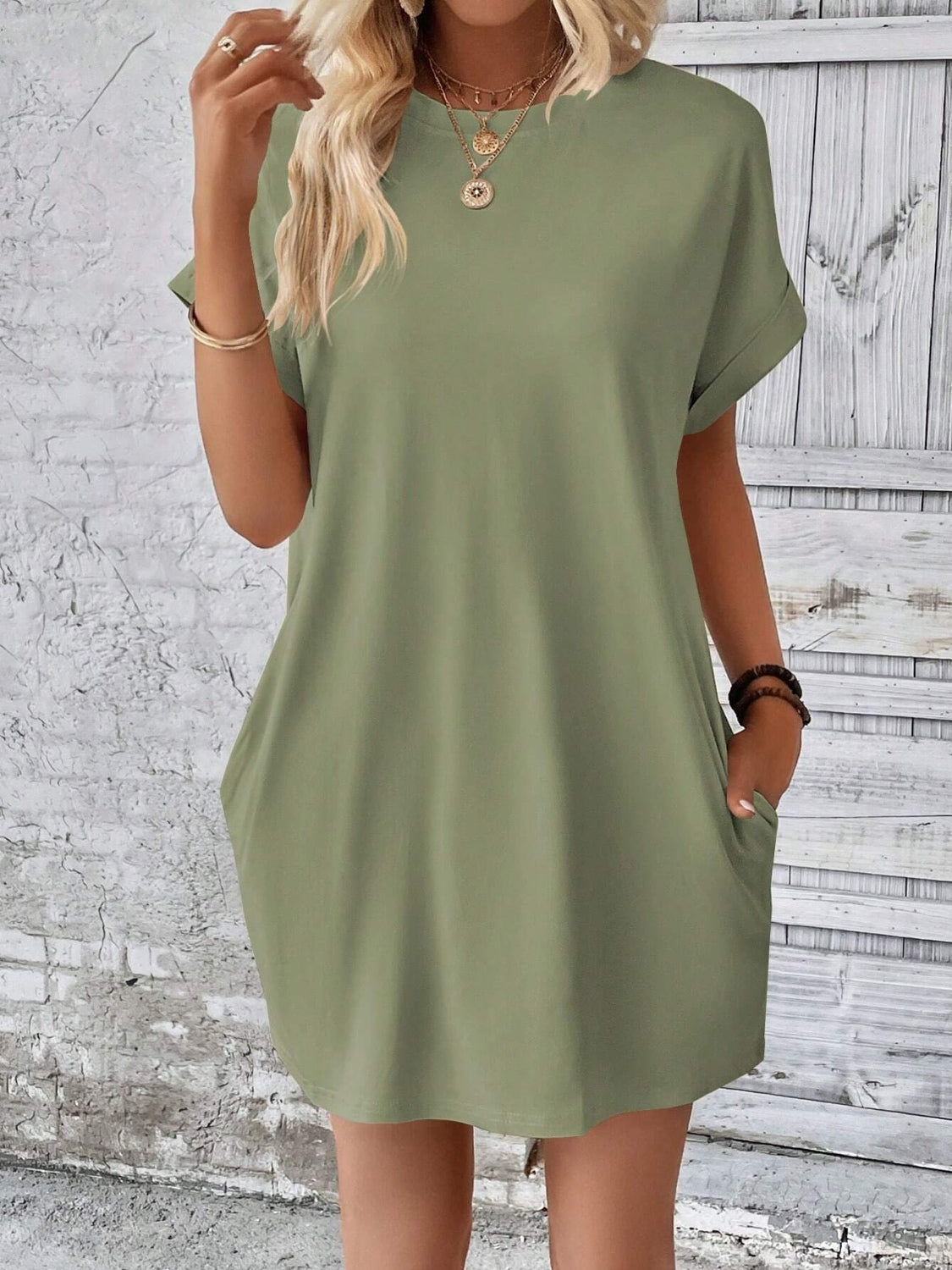 Round Neck Short Sleeve Mini Dress Sage S 