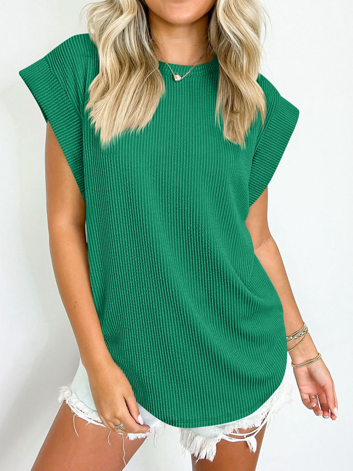 Textured Round Neck Cap Sleeve Blouse   