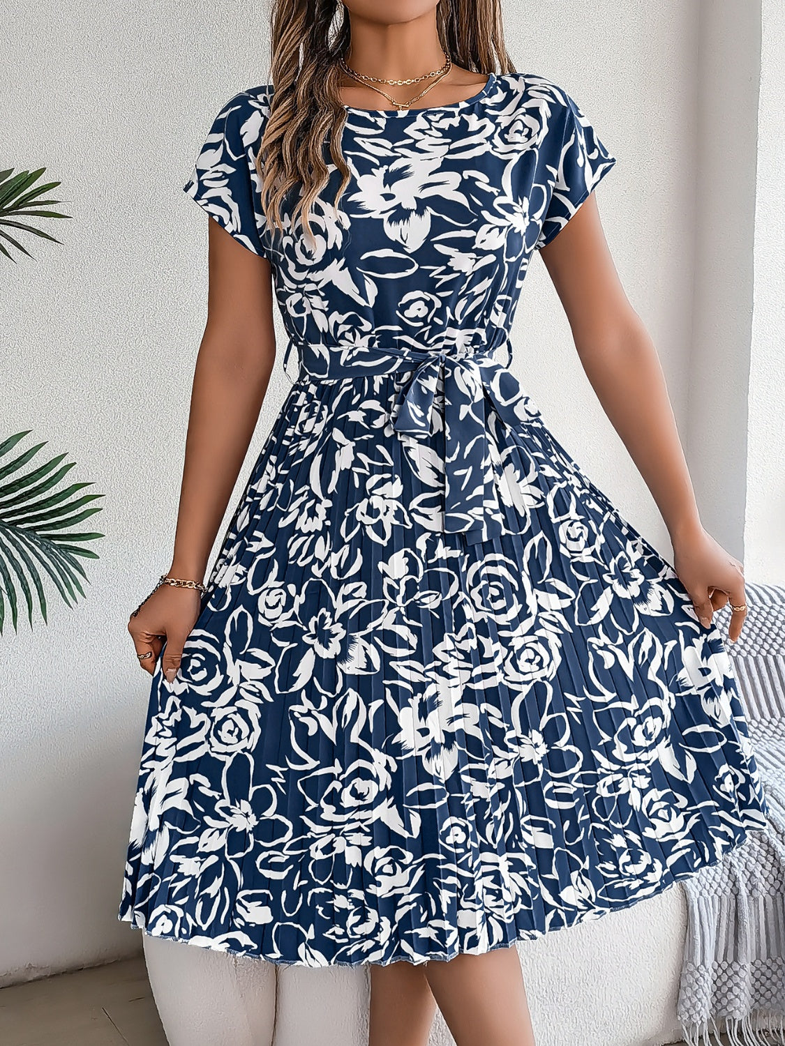 Tied Pleated Printed Short Sleeve Dress Dark Blue S 